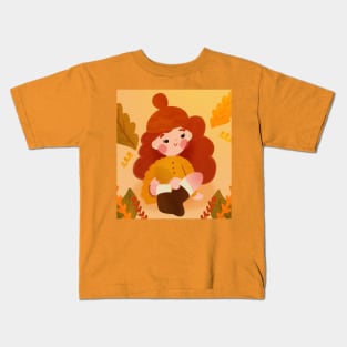 Cozy Fall Vibes - Kawaii Red-Haired Girl with Cute Leaves Art Kids T-Shirt